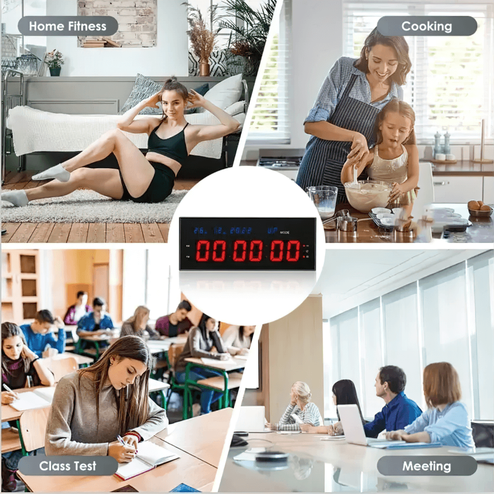 Multifunction LED Wall Gym Timer Clock with Remote for Workouts - SF3477 in use for fitness, cooking, meetings, and classroom settings.